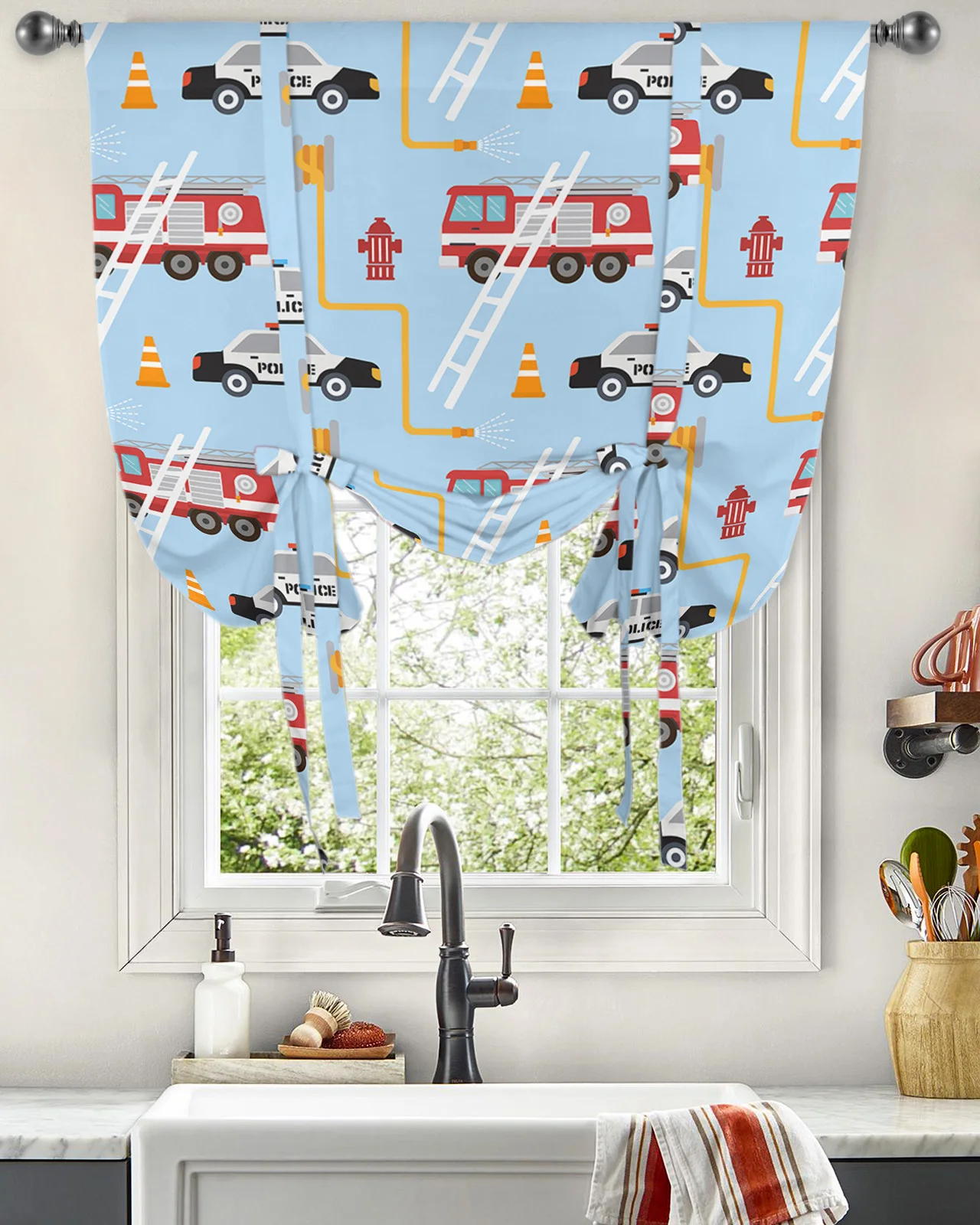 Toy Car Police Car Fire Truck Window Curtain for Living Room Home Decor Blinds Drapes Kitchen Tie-up Short Curtains