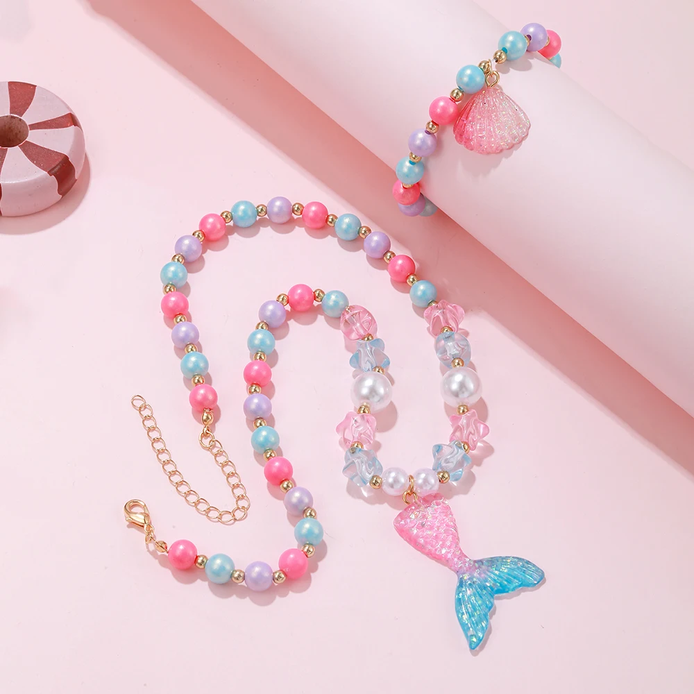 2Pcs/set Girl Princess Mermaid Shell Charm Necklace Bracelet Jewelry Set for Daughter Niece Girls Best Party Birthday Gifts