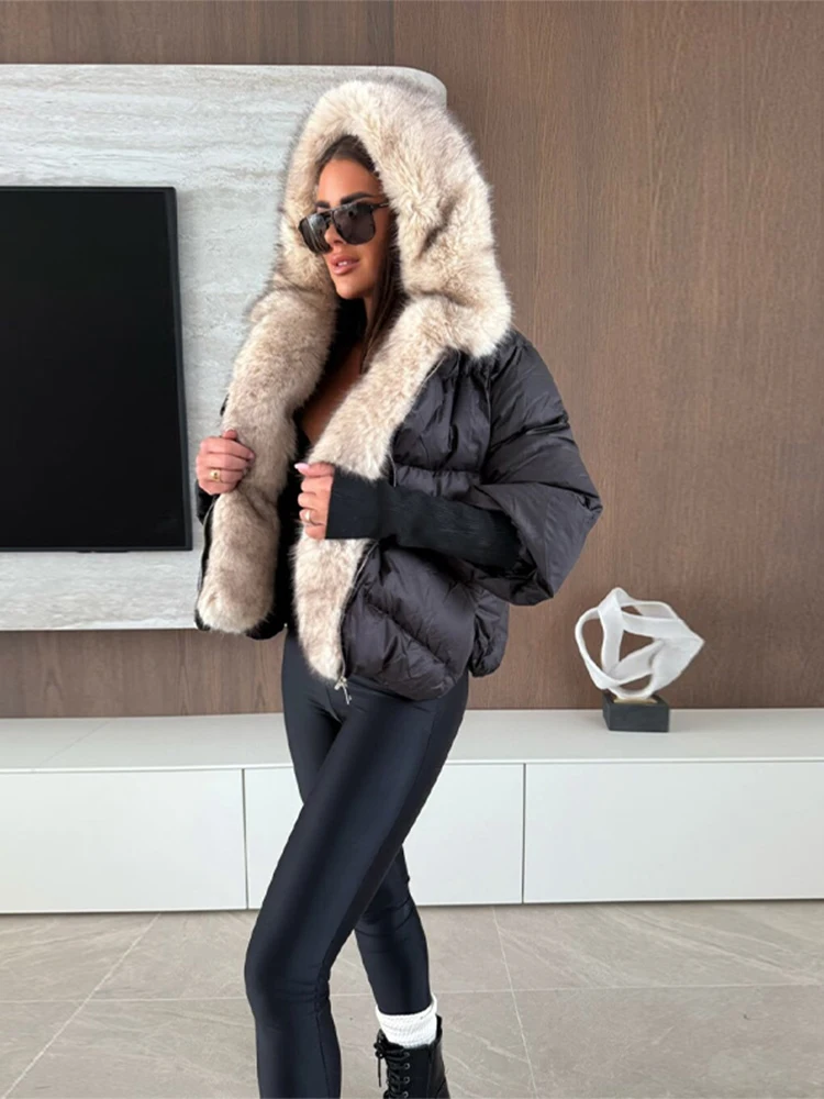 Femmes fausse fourrure Patchwork rembourré veste chaud quotidien à capuche fermeture éclair recadrée manteau dame nouveau hiver élégant mode rue vêtements d'extérieur 2025