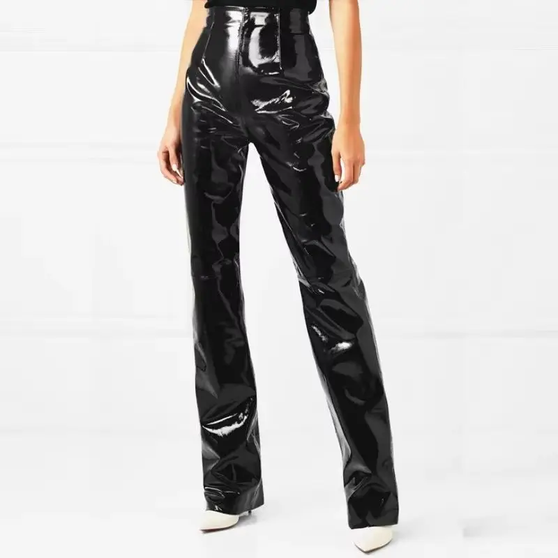 Women High Waist PU Leather Straight Pants Ladies Punk Shiny Faux Leather Trousers Faux Latex Pants Clubwear Spring New Custom