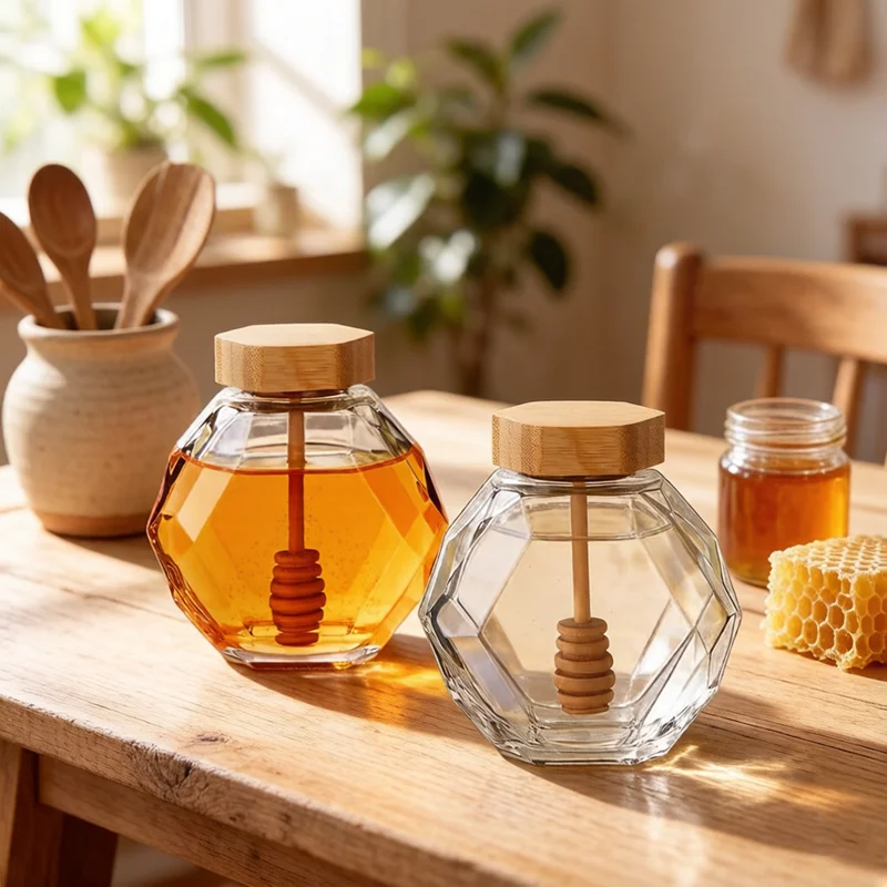 250g/500g/1000g Hexagonal Glass Honey Pot Sealed Empty Bottle with Wooden Stirring Rod Clear Jam Jar Kitchen Home Food Storage