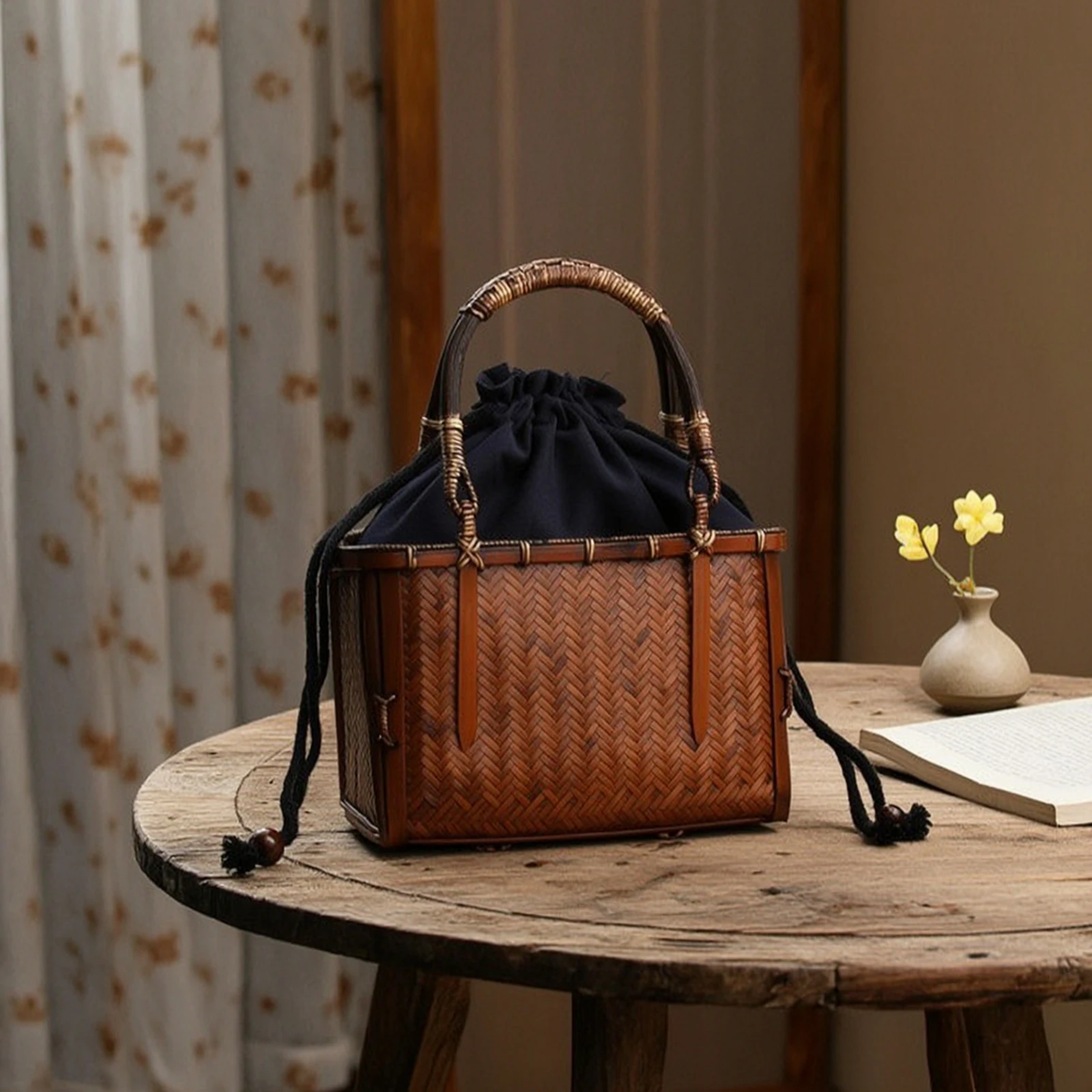 Bamboo Carry Box Handmade Woven Handbag with Handle Bamboo Handbag Structured Bag Artisanal for Tea Storage