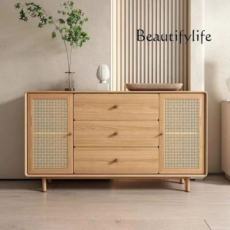 Nordic side cabinet rattan solid wood modern simple locker dining room against the wall living room entrance cabinet designer