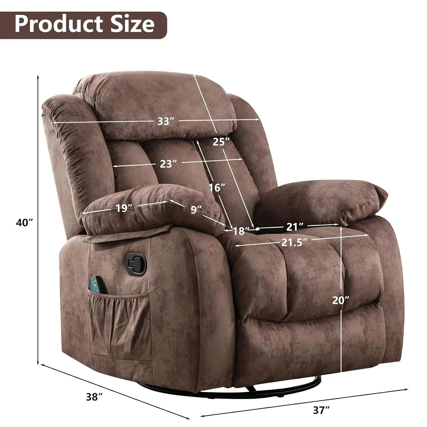 Manual Rocker Recliner with Heat & Vibration, 360° Swivel Antiskid Fabric Heavy Duty Sofa for Living Room, Customized