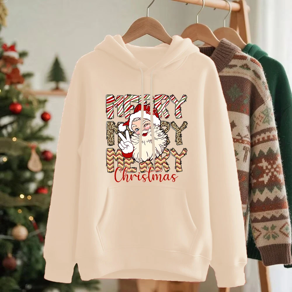 Merry Christmas Santa Claus Prints Hoodies Women Comfortable Loose Sweatshirt Winter Fleece Warm Pullovers Casual Pocket Clothes