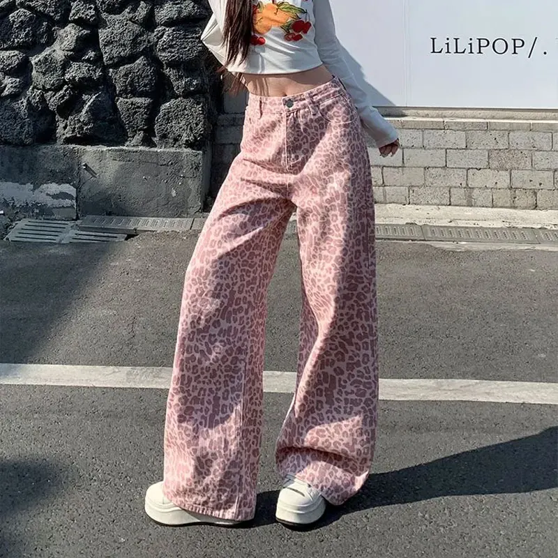 

Pink Leopard American Retro Loose Trousers Women's Clothing High Waist Denim Pants Summer Button Casual Wide Leg Straight Jeans