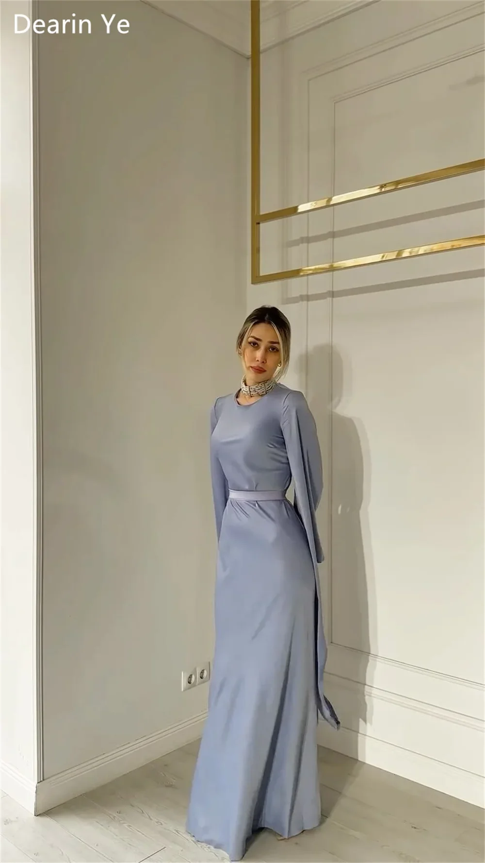 Customized Formal Gown Saudi Arabia Dearin Scoop Neckline Column Floor Length Skirts Ribbon Vertically Bespoke Occasion Dresses