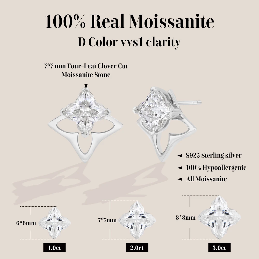 MINTYBOX Clover Cut 2CT Moissanite Stud Earrings Hollow Star S925 Silver Earring for Women Wedding Fine Jewelry with Certificate