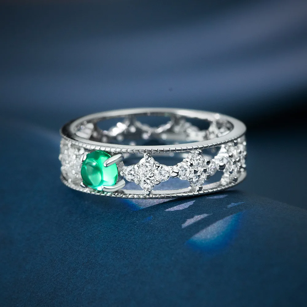 

2023 New 925 Silver Round Plain Face Flat Bottom Cultivated Emerald 4.5mm Retro niche Ring Female Zircon Ring