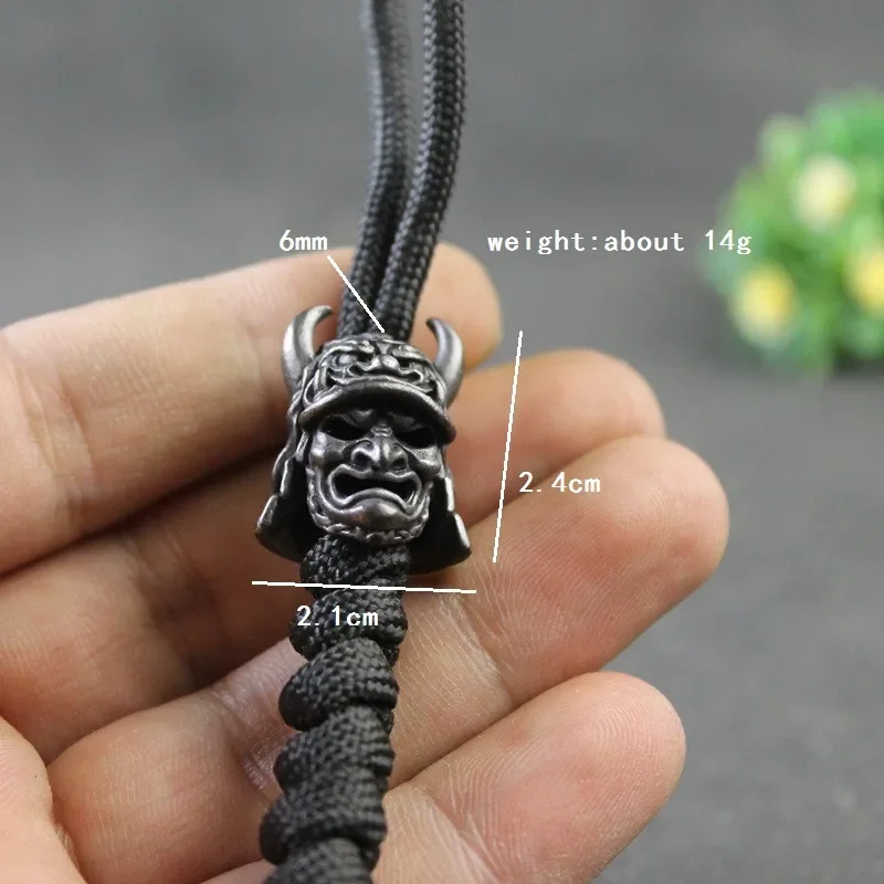 Black Japanese Eagle Nose Samurai Helmet  Bead Brass Woven Paracord Lanyard Pendant Outdoor EDC Umbrella Rope DIY Accessory