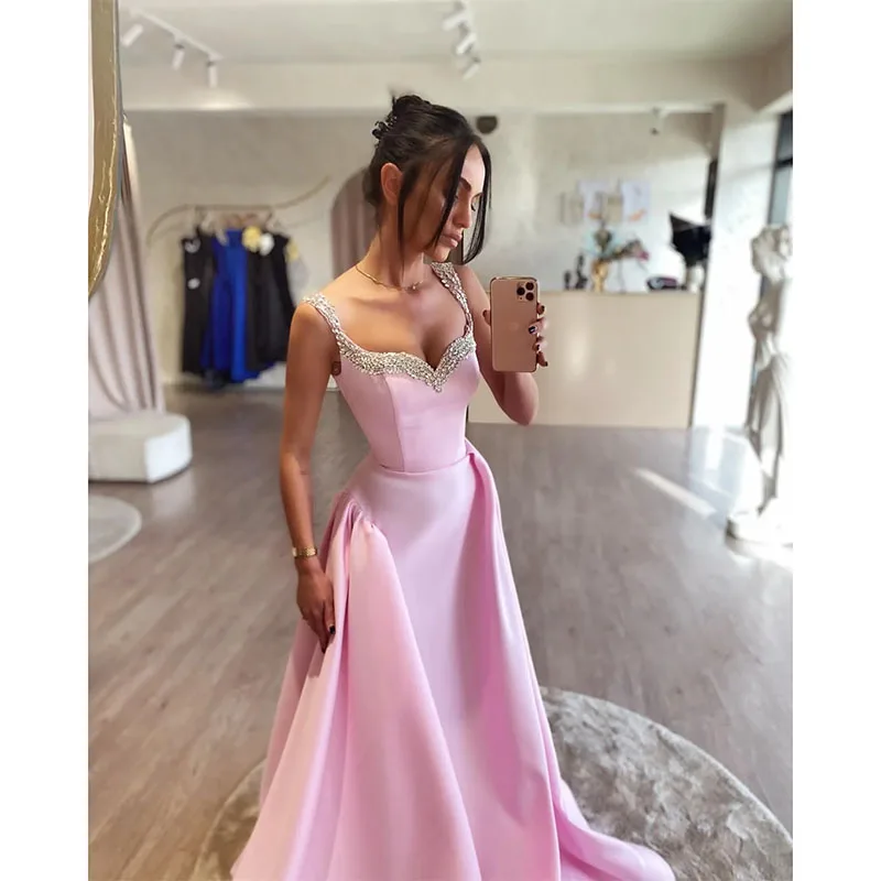 Impressionante vestido de baile rosa a linha, alças frisadas, vestidos de noite formais, elegantes vestidos de trem para ocasiões especiais