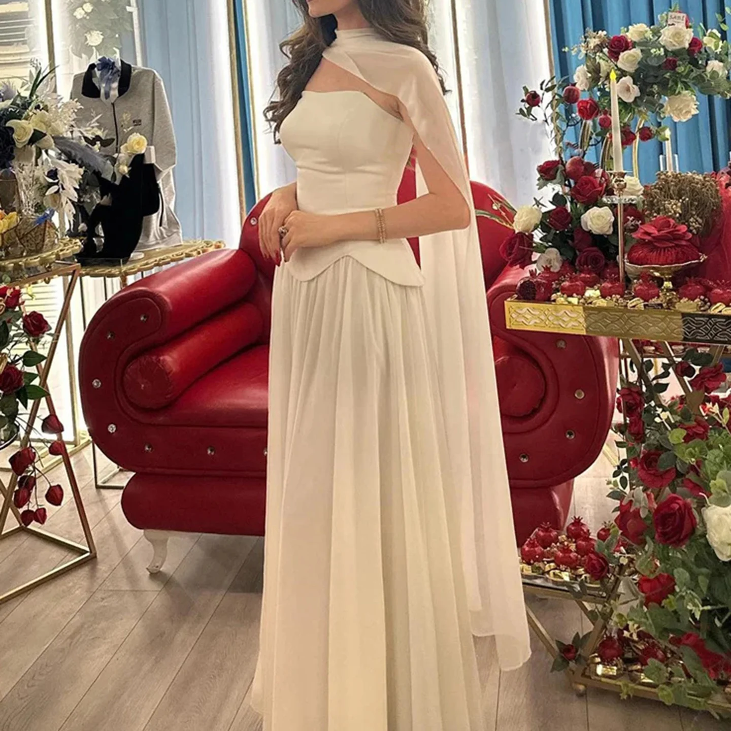 فستان سهرة نسائي أبيض كريمي مع رقبة مربعة بدون أكمام، فستان شفاف للحفلات الراقصة، فستان رسمي أنيق ورومانسي #3