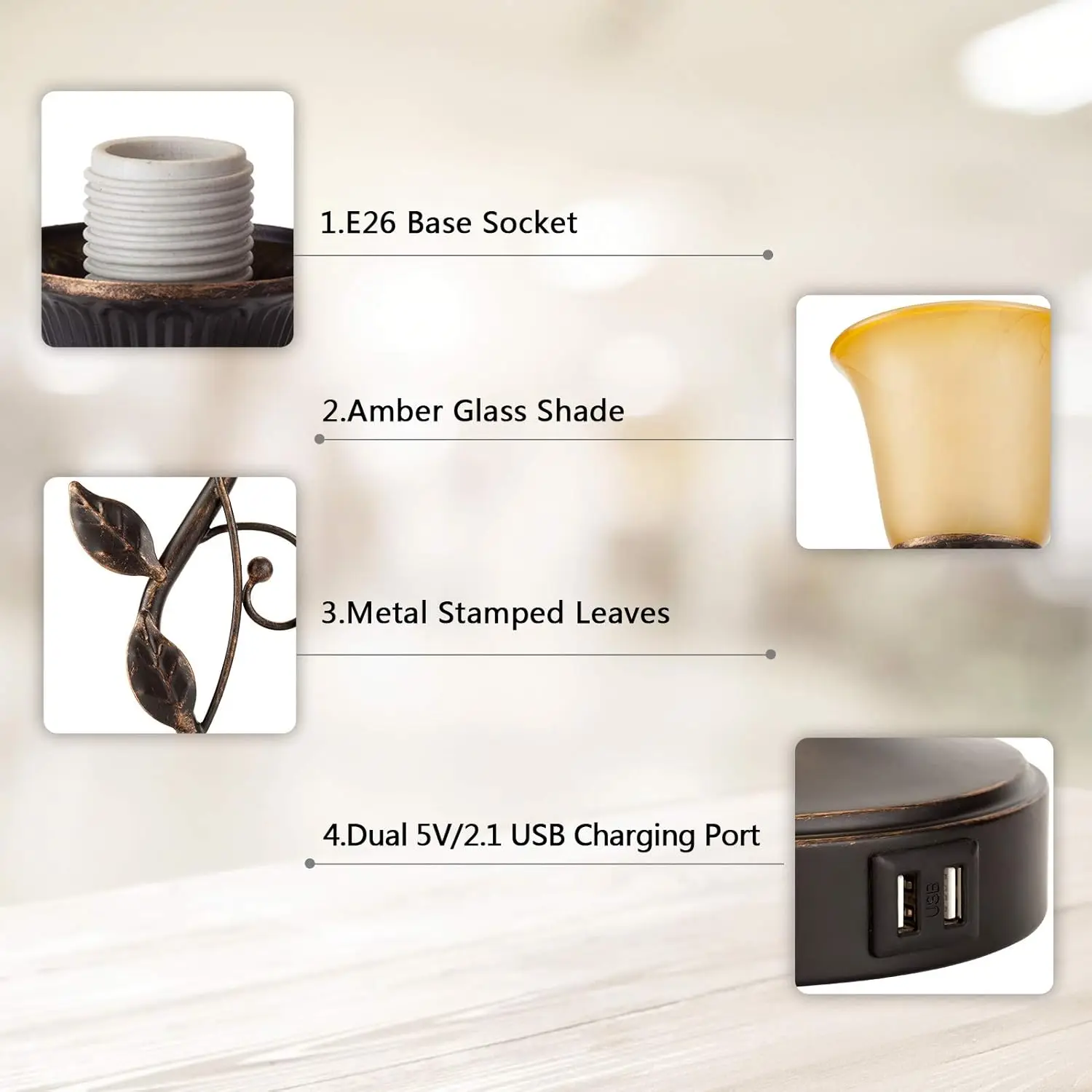 โคมไฟตั้งโต๊ะควบคุมแบบสัมผัสพร้อมพอร์ตชาร์จ USB 2 พอร์ต, โคมไฟข้างเตียงแบบหรี่แสงได้ 3 ทิศทาง, โป๊ะกระจกสีเหลืองอําพันชนบทวินเทจ