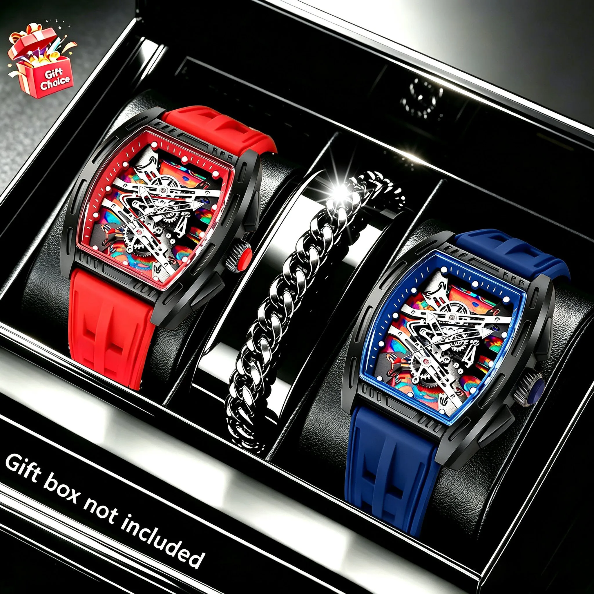 3-Piece Set of Two-Tone Barrel-Shaped Men's Skeleton Watches + 1 Bracelet, Casual Business Silicone Strap Wristwatch, Trendy Mechanical Style Sports Men's Watch