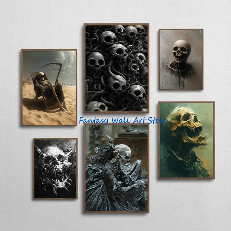 Spooky Creepy Screaming Skull Dark Academia Skulls Portrait Horror Dark Fantasy Poster Canvas Painting Wall Pictures Home Decor