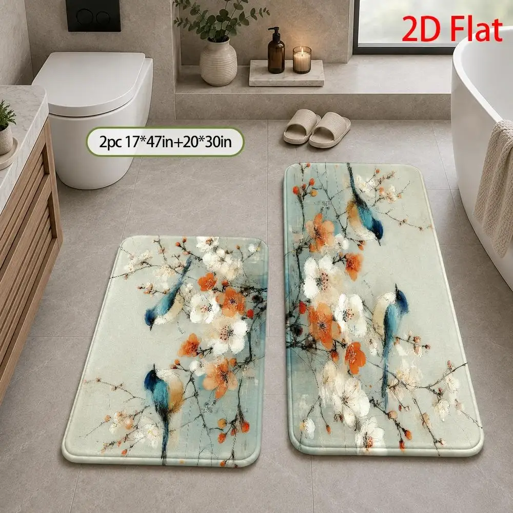 Decorative Watercolor Floral Bird Bathroom Mat Rug Washable Decorative Spa Vanity Runner Mat for Bathroom Sink Area