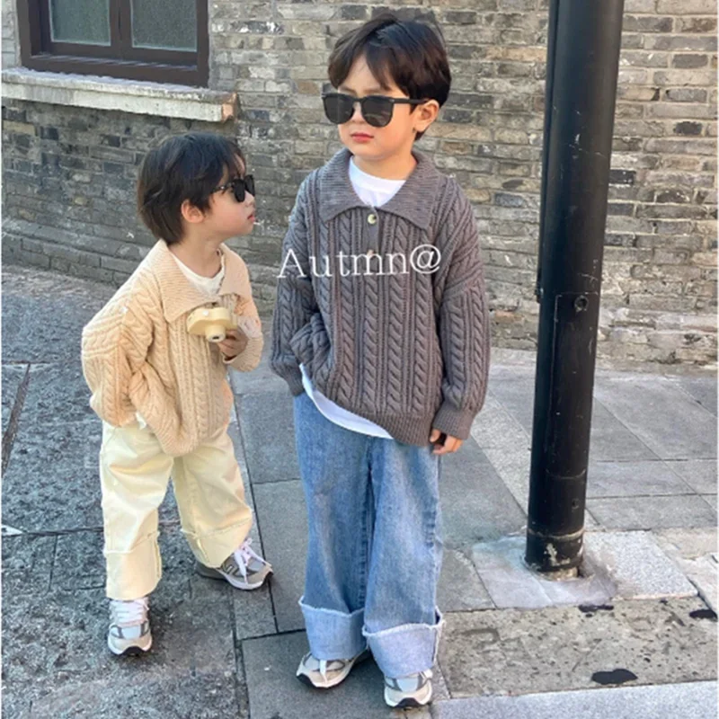 Winter Twist Knitted Sweater for Baby Boy Children's Loose Coat Kids Cotton Clothes New Toddler Girls Lapel Collar Pullover Tops