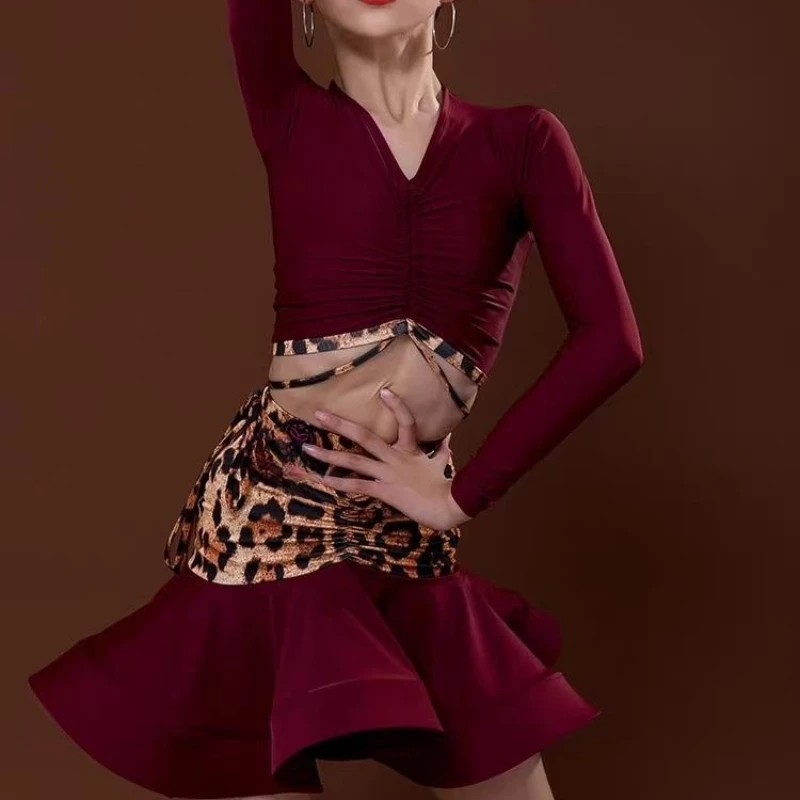 جديد اللاتينية ملابس رقص للفتيات الأطفال ليوبارد طباعة طويلة الأكمام تنورة قصيرة تشا تشا سوينغ أداء الرقص مجموعة زي #5