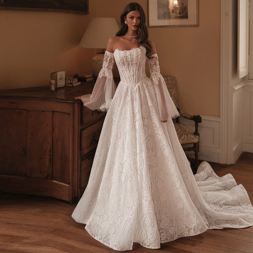 

Fashion Sleeveless Strapless Vestido De Novia Customized Romantic Appliques Lace Wedding Dress Classic A-Line Robe de mariée