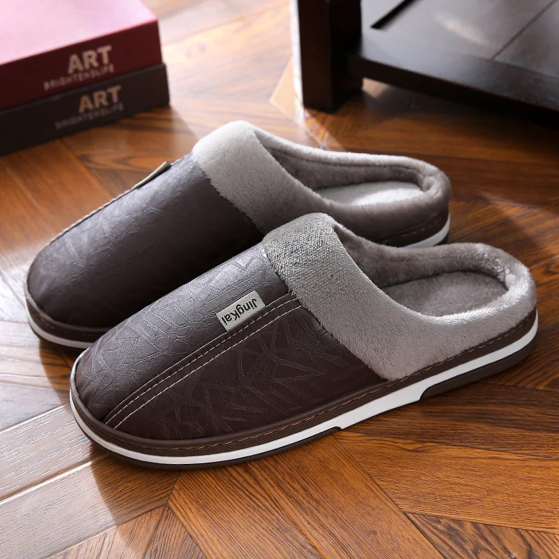 Concise Winter Warm Men\'s Plush slippers Home Indoor Non-slip PU Leather Upper Waterproof House Slides Leisure Male Cotton shoes