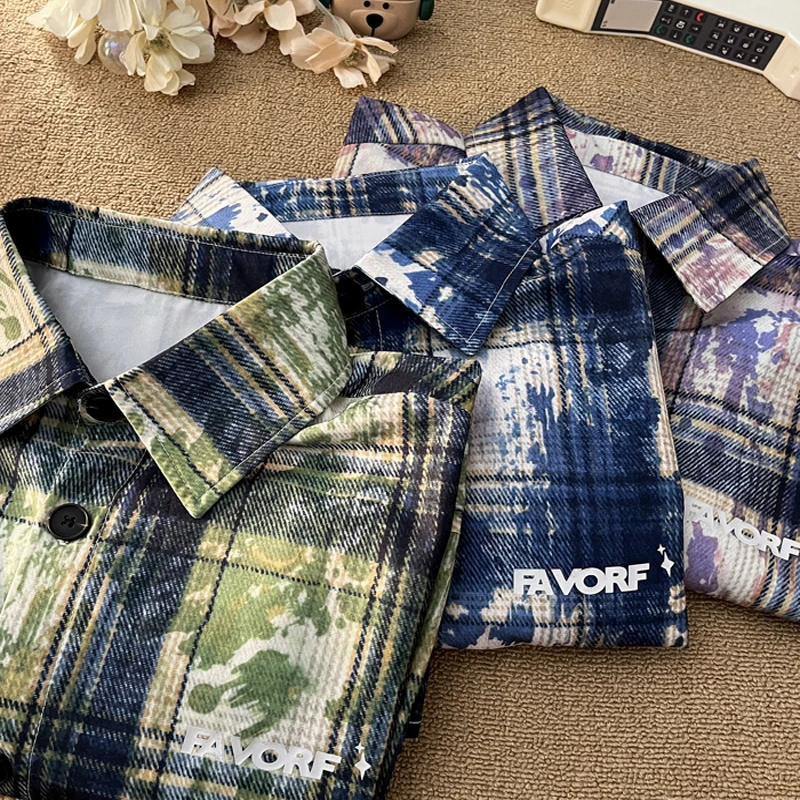Plaid Ice Feel Tie Dye Short Sleeve Shirt Men Women Casual Loose Plus Size Shirt Thin Fabtic Pink Blue Green Clothes
