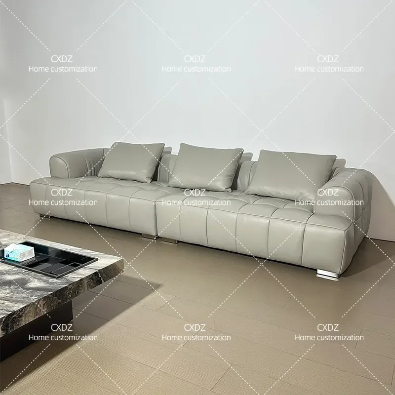 First Layer Cowhide Leather Sofa Minimalist Tofu Block Design 2024 New Piano Key Puff Couch Living Room Furniture