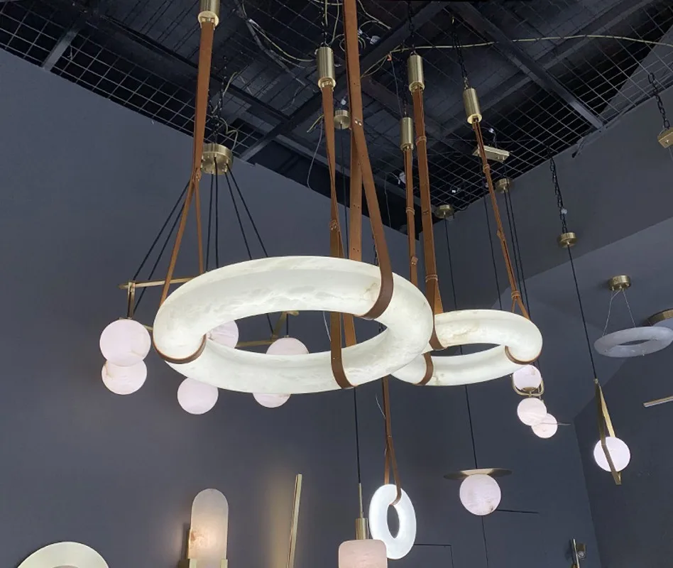 LED Classic Marble Ring Brown Dark Leather Belt Hanging Lamps Lustre Pendant Light Suspension Luminaire Lampen For Living Room