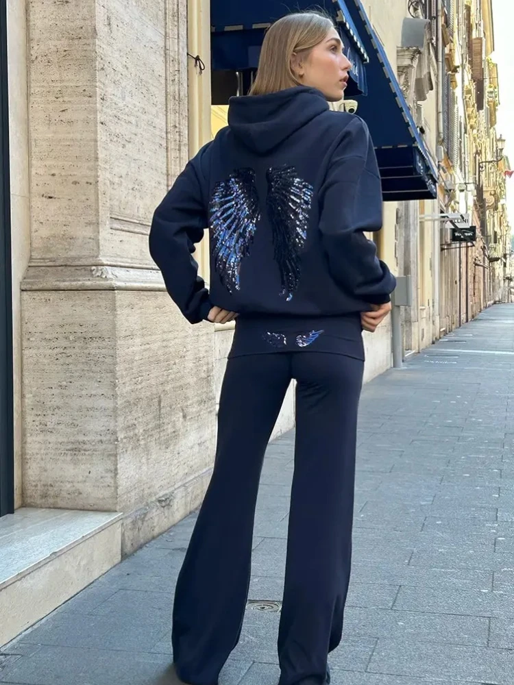 Sudaderas con capucha con alas de Ángel y lentejuelas para mujer, jerséis holgados de manga larga, conjunto de pantalón de Yoga ajustado, conjuntos informales de dos piezas para mujer 2026