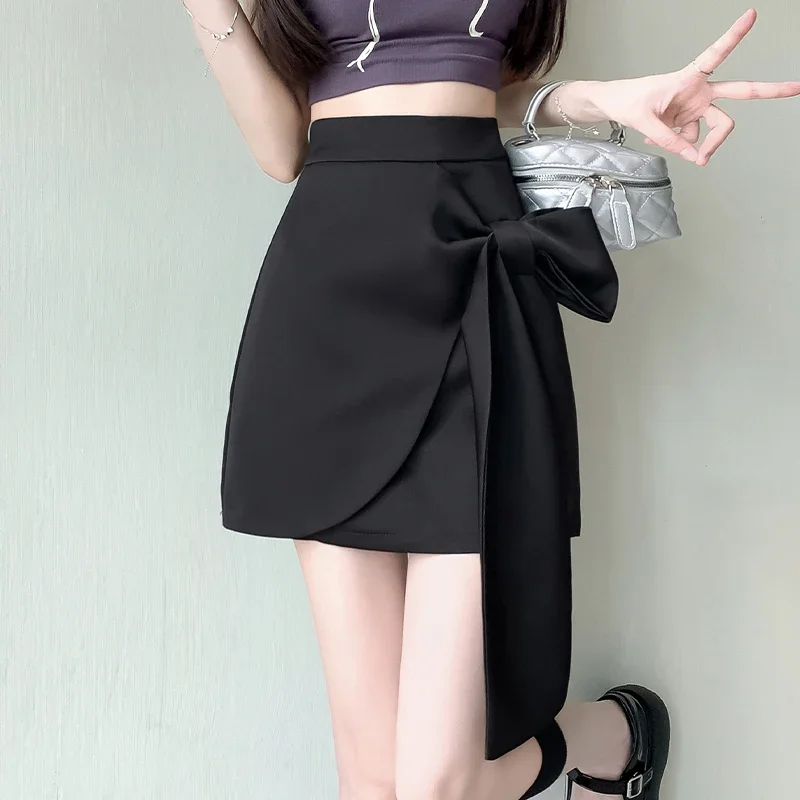 Women Grey A-line Bow Skirt Vintage 90s Aesthetic Y2k Mini Skirt Harajuku Korean Office Ladies Skirts 2000s Clothes Summer 2024