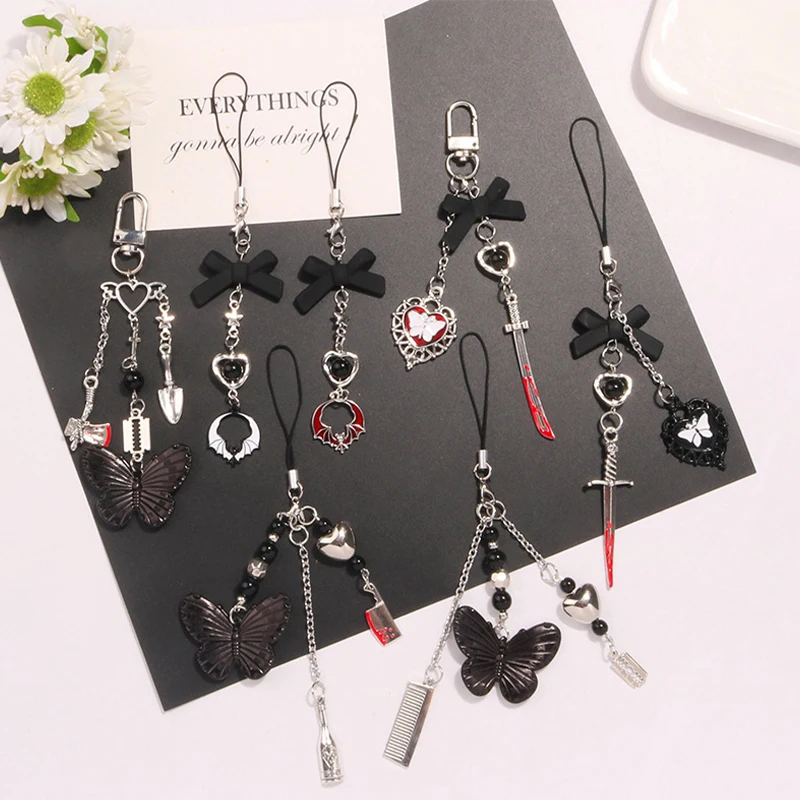 Gothic Punk Phone Pendant Key Chain Butterfly Heart Sweet Cool Phone Chain Earphone Case Bag Decorations Pendant