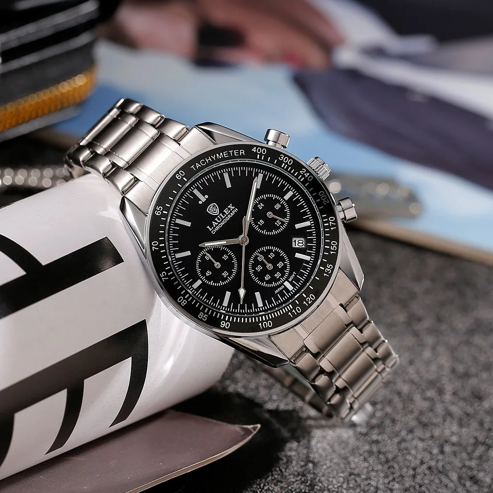 TEMU الطلب لهب أحمر ثلاثة عيون الذهب الأسود الأزواج ساعة كرونوغراف التقويم التلقائي متعدد الوظائف ضبط الوقت