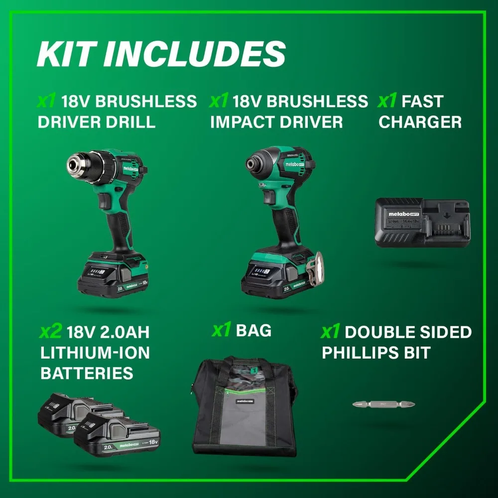 Voltios múltiples de 18 V ™   Kit combinado de taladro y controlador de impacto sin escobillas inalámbrico, kit de herramientas eléctricas, 2 baterías Metabo HPT de iones de litio
