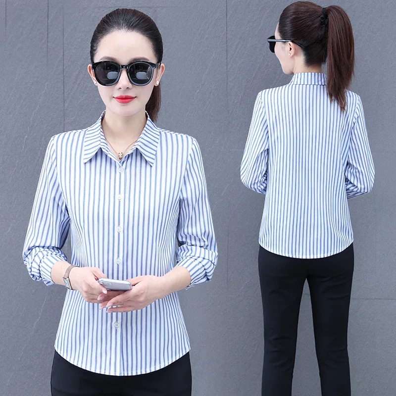 

Новая женская облегающая повседневная полосатая рубашка с длинными рукавами для мам среднего возраста, весенне-осенний модный универсальный топ с воротником