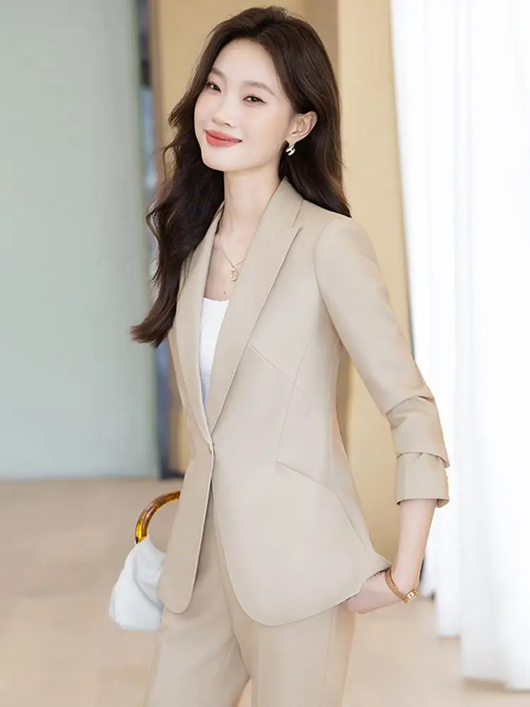 Blue Beaded Trimmed Small Suit Set Women's 2025 New Elegant Goddess Style Professional Heavy Work Casual Western Suit