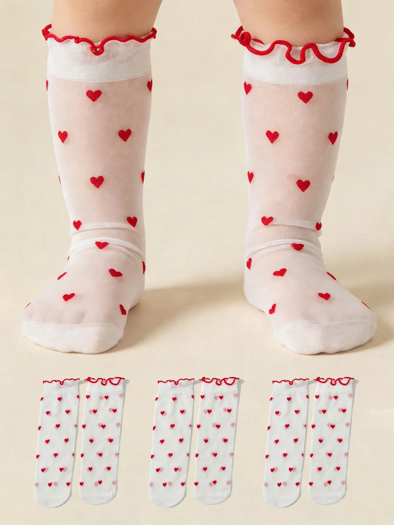 3 Paar Kinder-Socken aus Kristallseide mit rotem Herzmuster, atmungsaktive, bequeme Socken mit geradem Bein für den täglichen Gebrauch von Mädchen