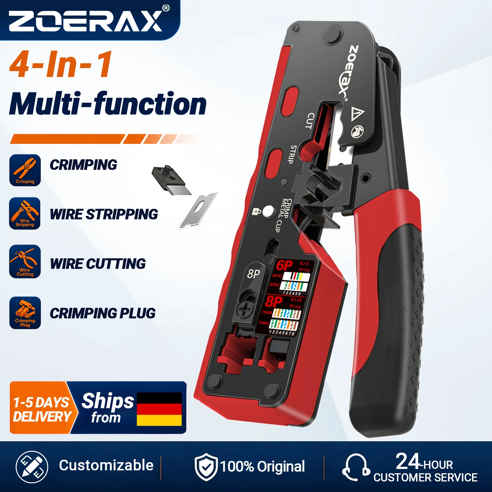 ZoeRax RJ45 Crimpzange für Cat7 Cat6a Cat6 Cat5e Ethernet-Anschlüsse mit Abisolieren, Schneidfunktionen und Klinge