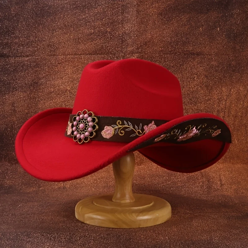 Women British Felt Cowboy Hat Pink Turquoise Embroidered Leather Belt Decoration Flowers Patch Trimmed Jazz Hat Celebration