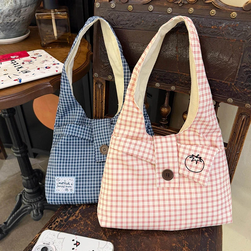 Korean Ins Plaid Canvas Handbag Cute Embroidered Button Decor Large Capacity Shoulder Bag Fashion Casual Commuter Tote Bags