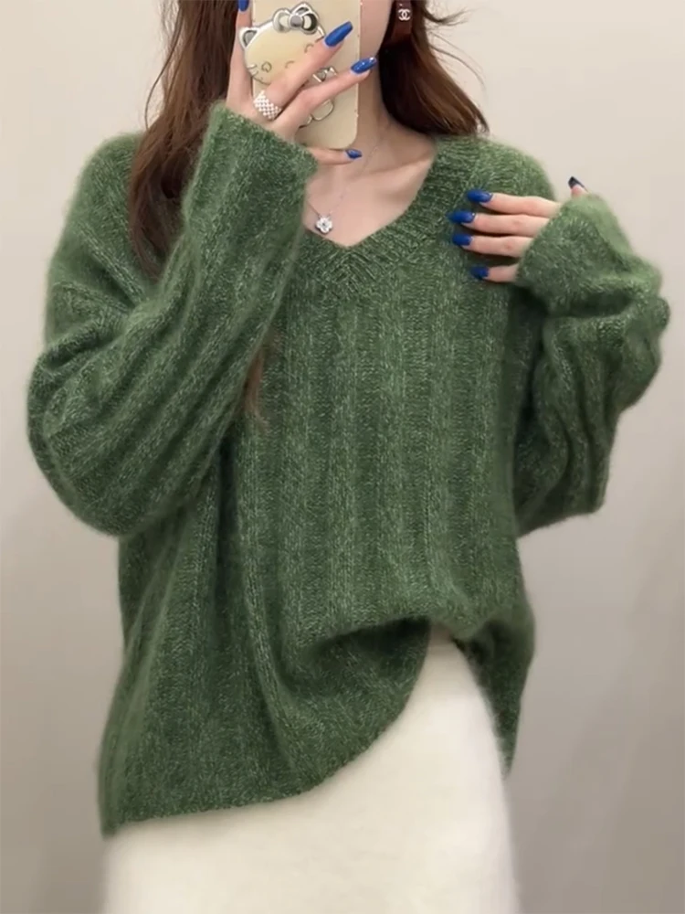 

Корейский трикотажный джемпер с V-образным вырезом для женщин: модный, универсальный, больших размеров, утягивающий, теплый, с длинным рукавом, стандартный крой