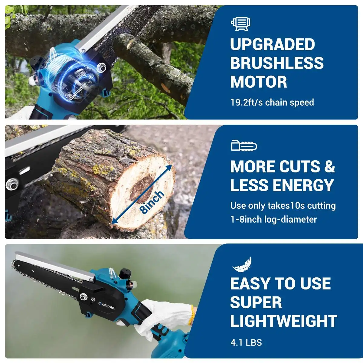 Drillpro 6 inch 3000W Brushless Electric Pruning Saw Oiler Handheld Cordless Saw Woodworking Power Tool For Makita 18V Battery