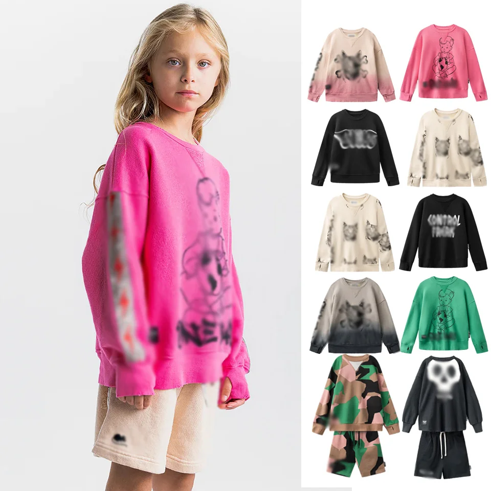 

2024 N Kids Bandit Cat and Skull Print Sweatshirt Neutral Unisex Pullover Casual Streetwear 18M-4Y