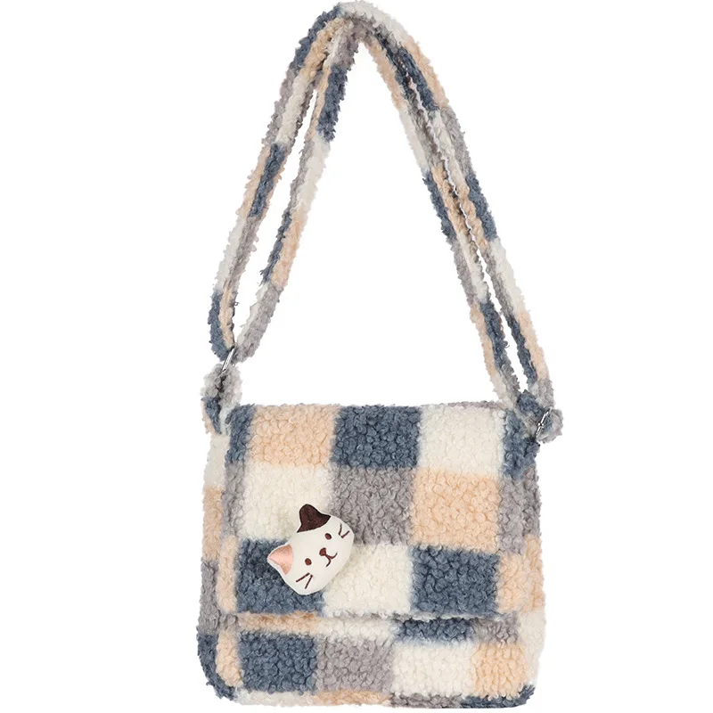 Soft Girl Lamb Hair Plaid Shoulder Bag Crossbody Bag Cute Casual Satchel Japanese Preppy Style Cute Cat Messenger School Bag