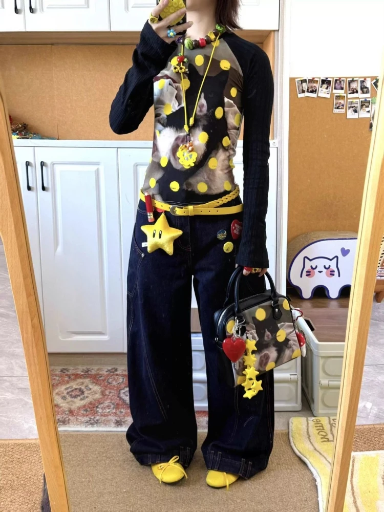 HOUZHOU Y2k Vintage T-shirt Women Harajuku Japanese Style Kawaii Print T Shirts Juminocore Female Long Sleeve Tees Streetwear