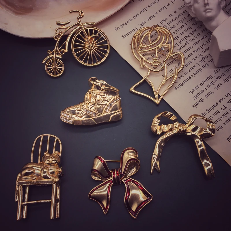 Vintage Geometric Cutout Brooch Bow Cat Bike Pin Brooches Accessories