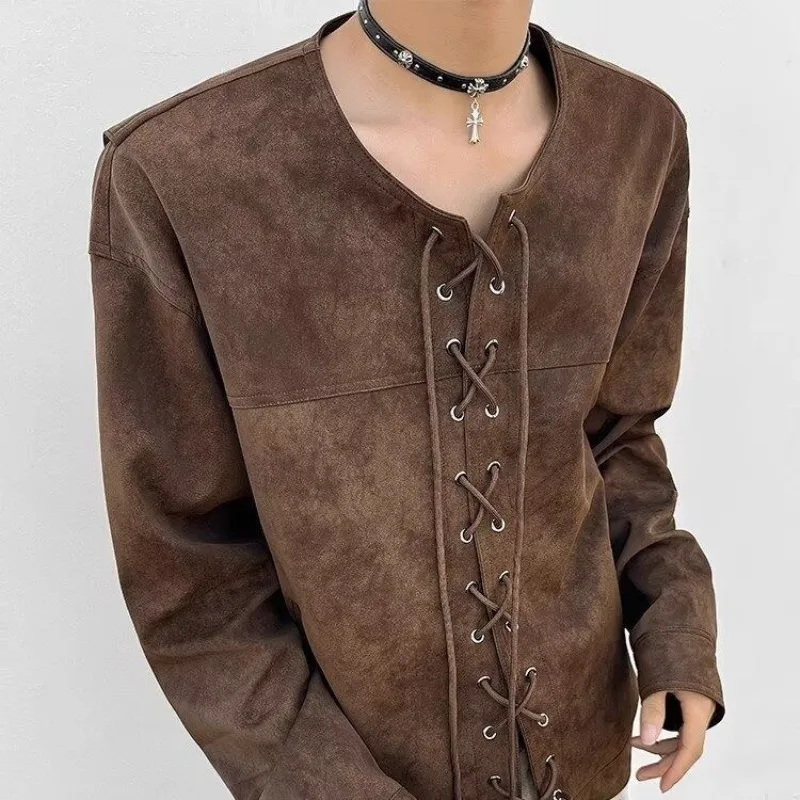 Autumn New Drawstring Cardigan Coats for Men American Retro Brown Motorcycle Faux Leather Jacket for Men Western Cowboy Jacket