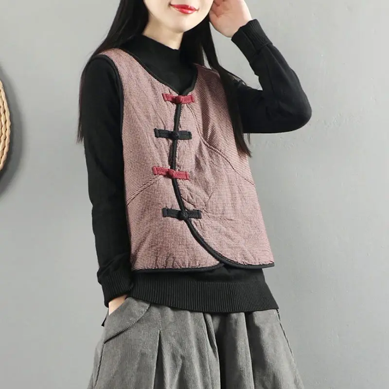 Women Vintage Grid Tang Suit Vests 2026 New Spring Autumn Sleeveless Jacket Cotton Coat Warm Clothes Female Cheongsam Vests
