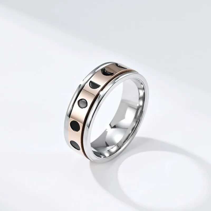 7mm Stainless Steel Crescent Moon Phase Spinner Ring Lunar Eclipse Jewelry for Women Men Size 6-11