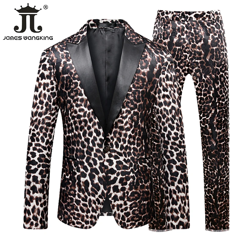 

( Blazer + Pants) Stage Host Apparel Mens Suit Nightclub Prom Social Slim Tuxedo Fashion Cool Leopard Print Dress Formal Suit