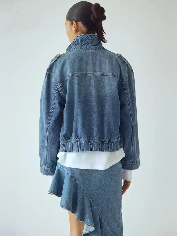 Fashionable Women's Denim Jacket Autumn New Arrival Long Sleeve Turn-down Collar Double Button Short Coat Stylish Versatile
