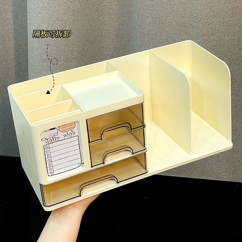 Premium Sturdy Drawer-Type Book Storage Box with Pen Holders, Multi-Functional Desk Organizer with Planner & Dividers, Compact